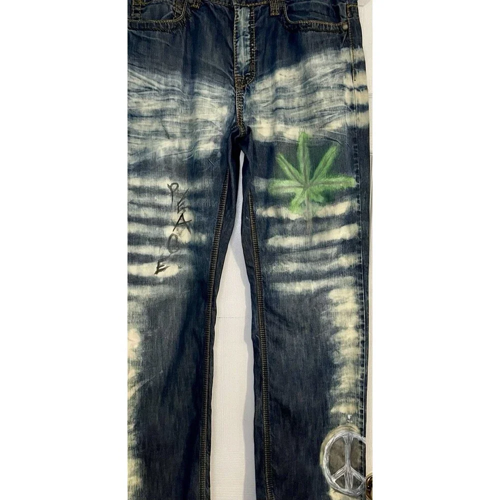 Helix 34 X 32 Men's Custom Graphic Denim Jeans - Peace & Leaf Bleach Wash